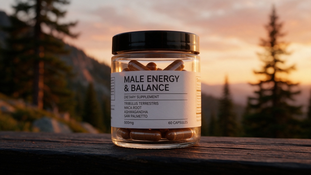Male Energy & Balance kosttillskott i solnedgång